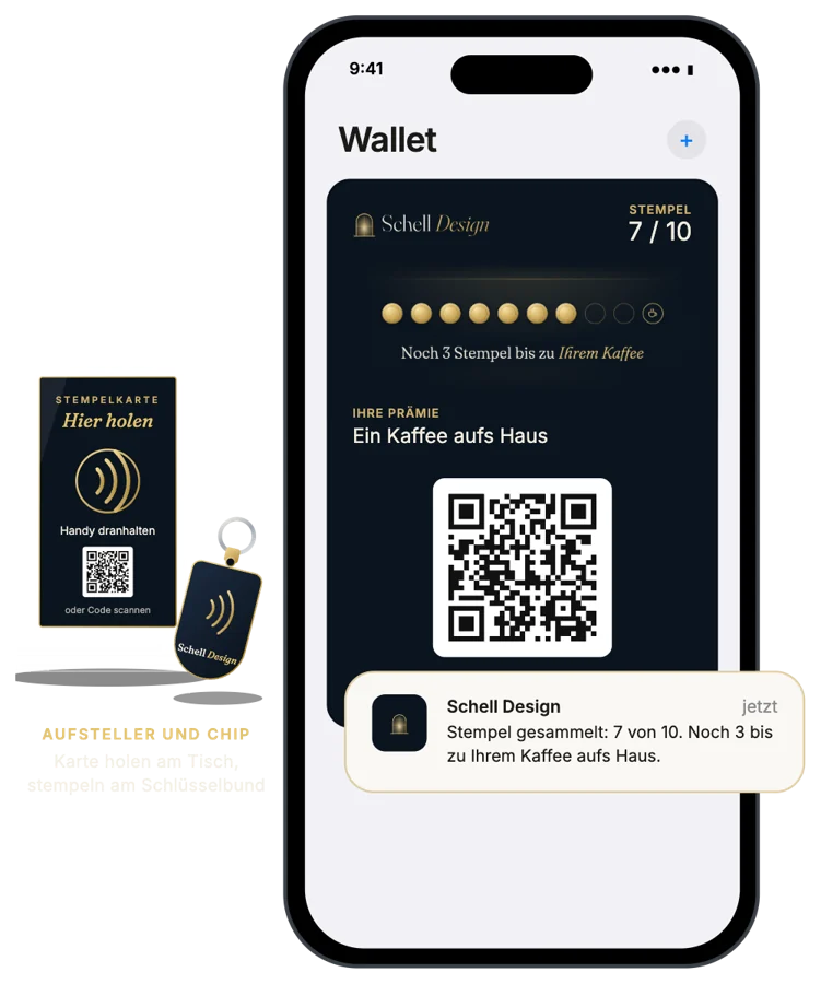 Tischaufsteller mit Chip und die Stempelkarte im Wallet eines Handys